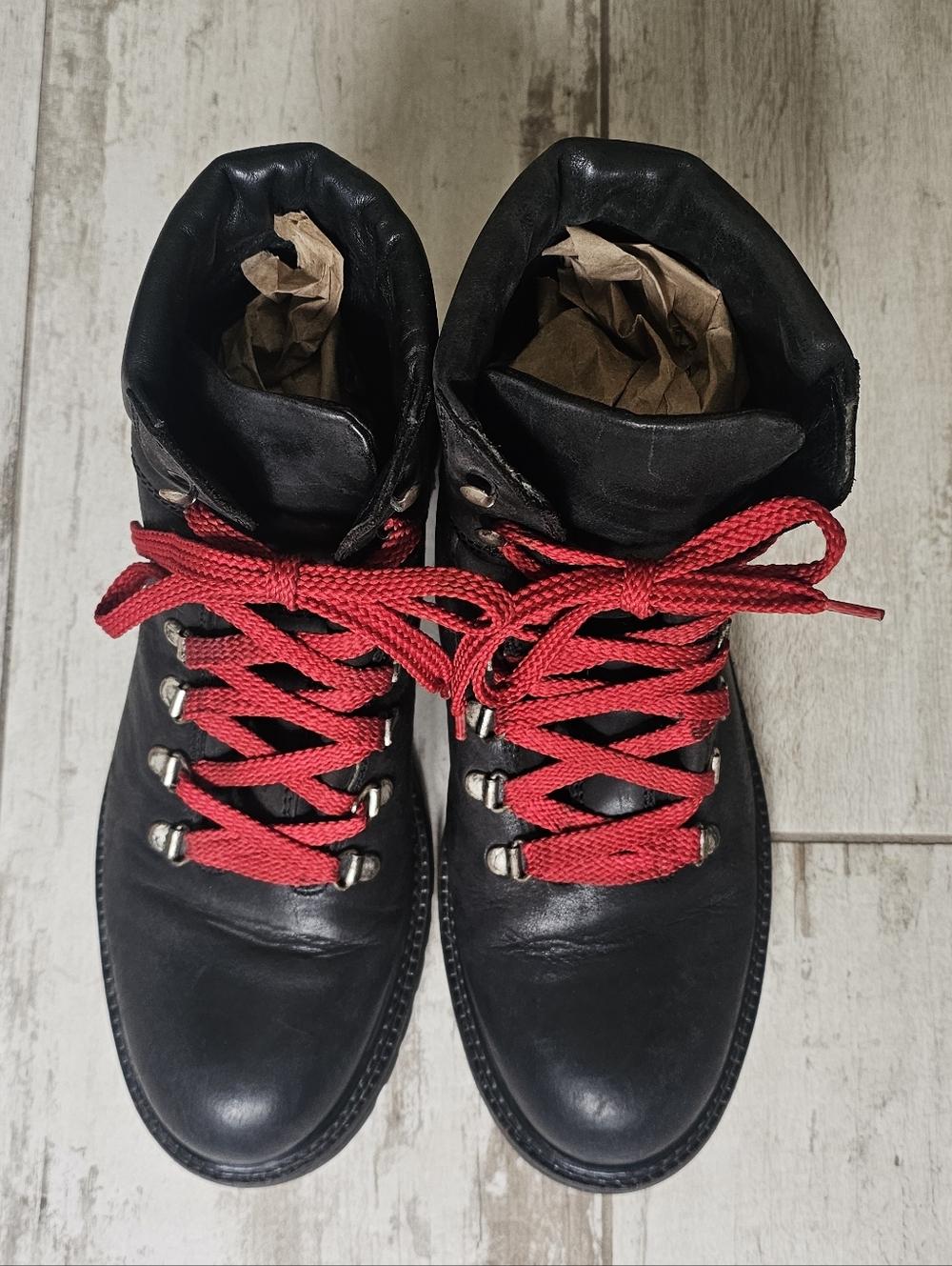 J. Crew Black Leather Women's Retro-style Vintage Hiking Boots with Red Laces 9